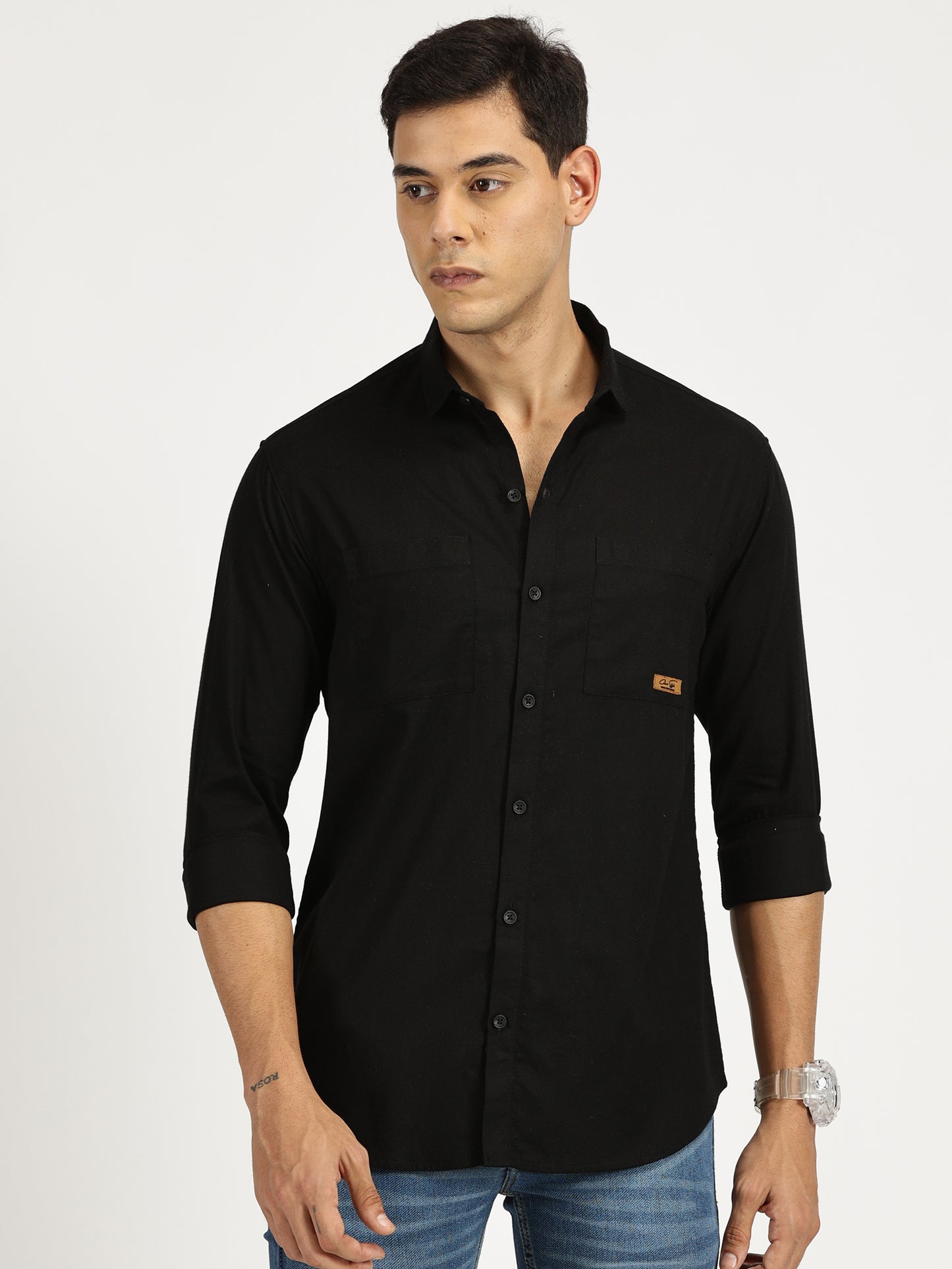 BLACK SOLID CLASSIC COLLAR FULL SLEEVE SHIRT