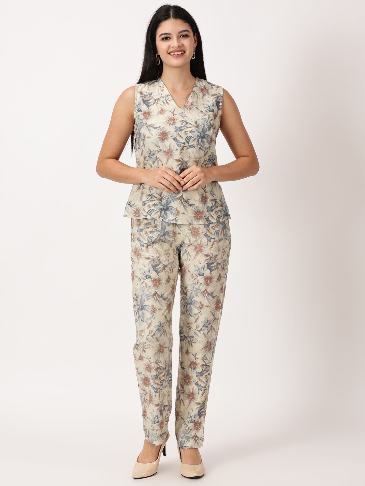 FLORAL PRINTED 'V' NECK TOP & STRAIGHT PANT