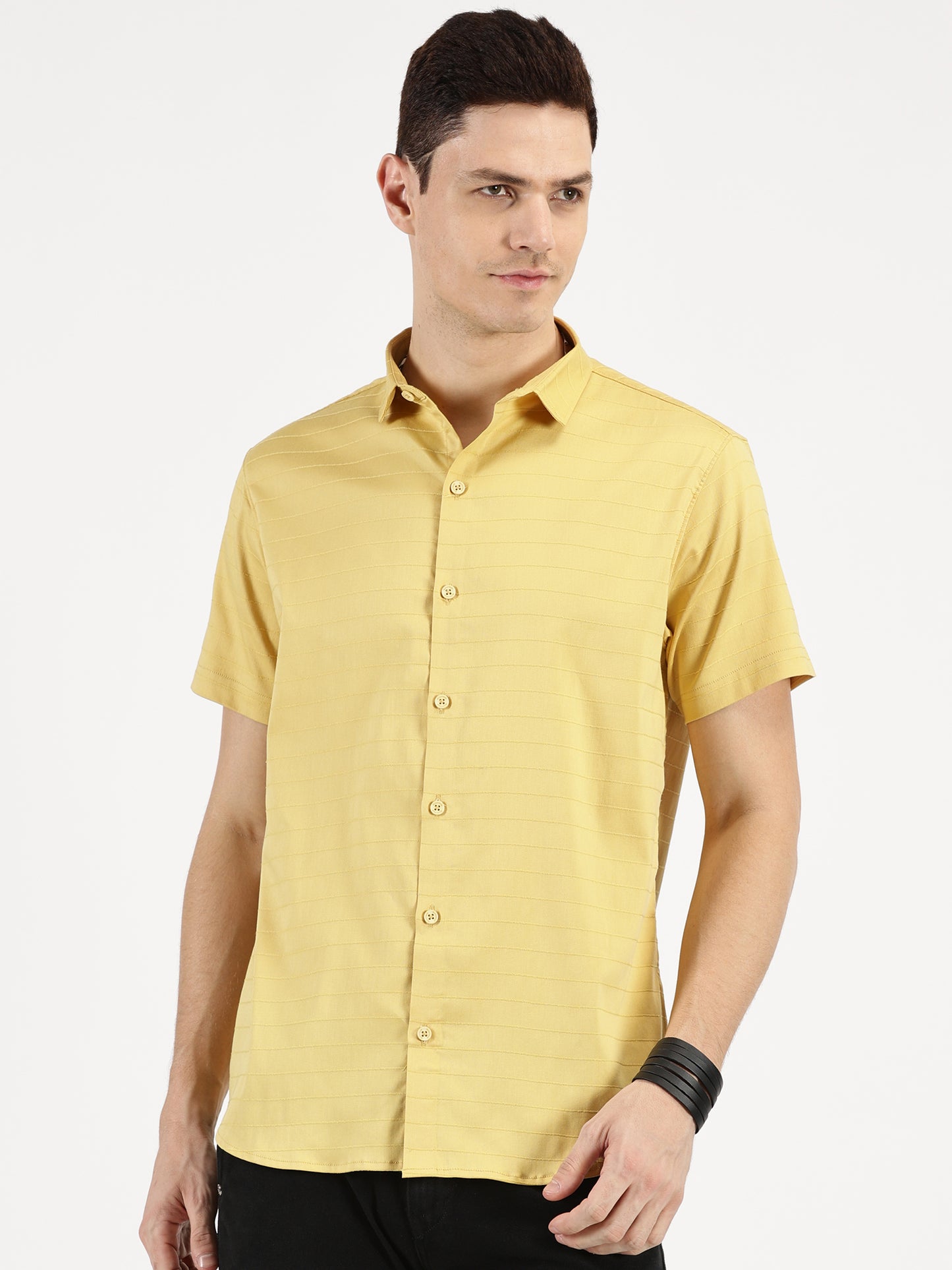 YELLOW SELF STRIPE CLASSIC COLLAR HALF SLEEVE SHIRT