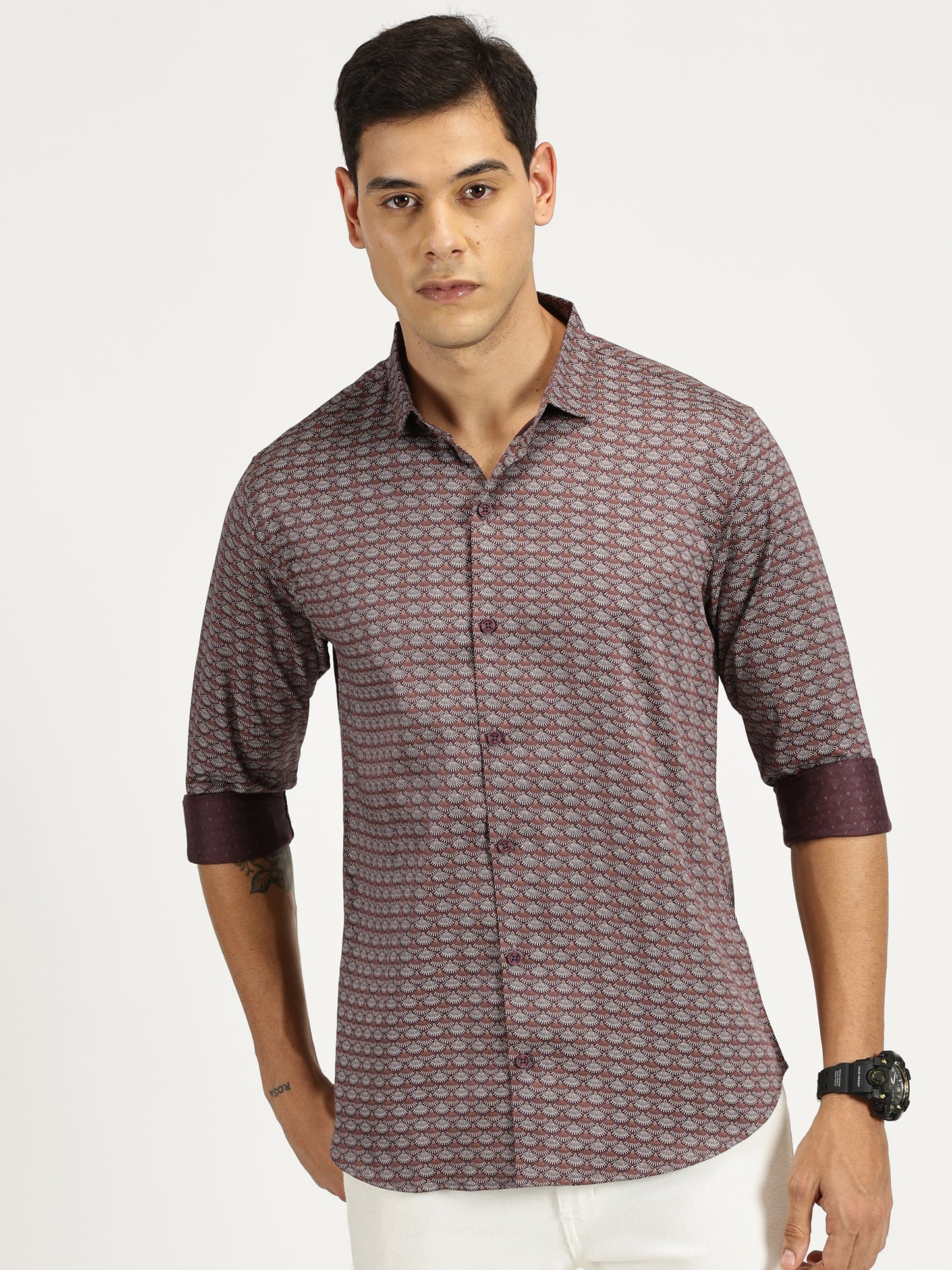 SHELL PRINTED BROWN CLASSIC COLLAR FULL SLEEVE SHIRT