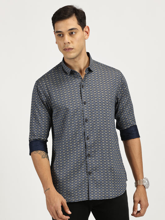 SHELL PRINTED BLUE BLACK CLASSIC COLLAR FULL SLEEVE SHIRT