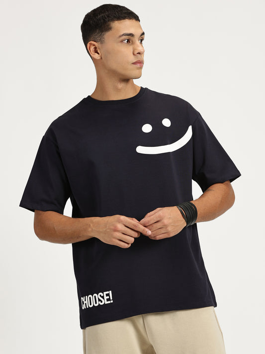 CHOOSE & SMILE PUFF PRINTED DARK BLUE OVERSIZED TSHIRT