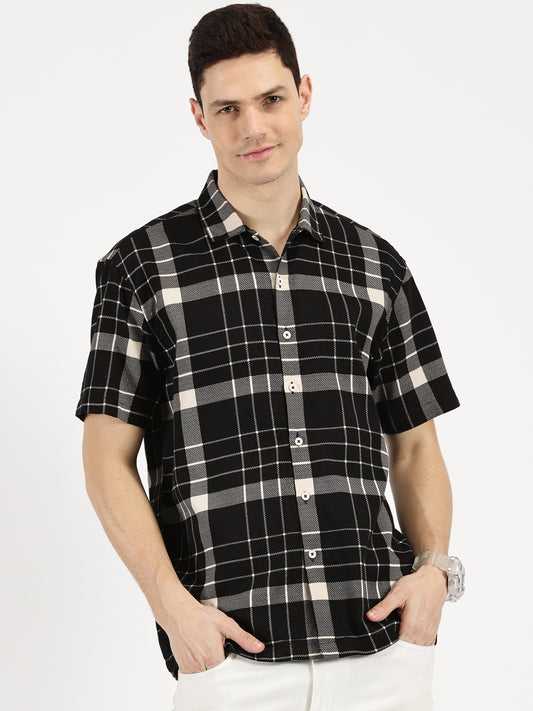 BLACK WHITE CHECKERED CLASSIC COLLAR HALF SLEEVE OVERSIZE SHIRT