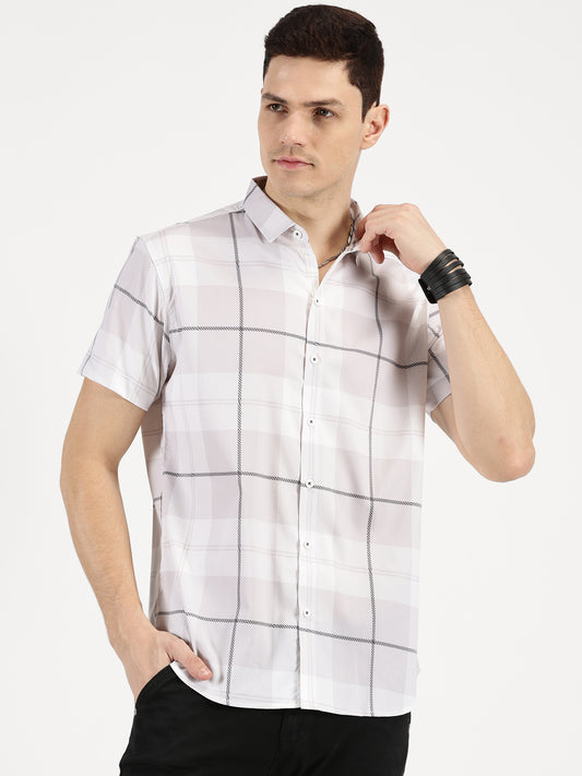 GREY CHECKERED CLASSIC COLLAR HALF SLEEVE SHIRT