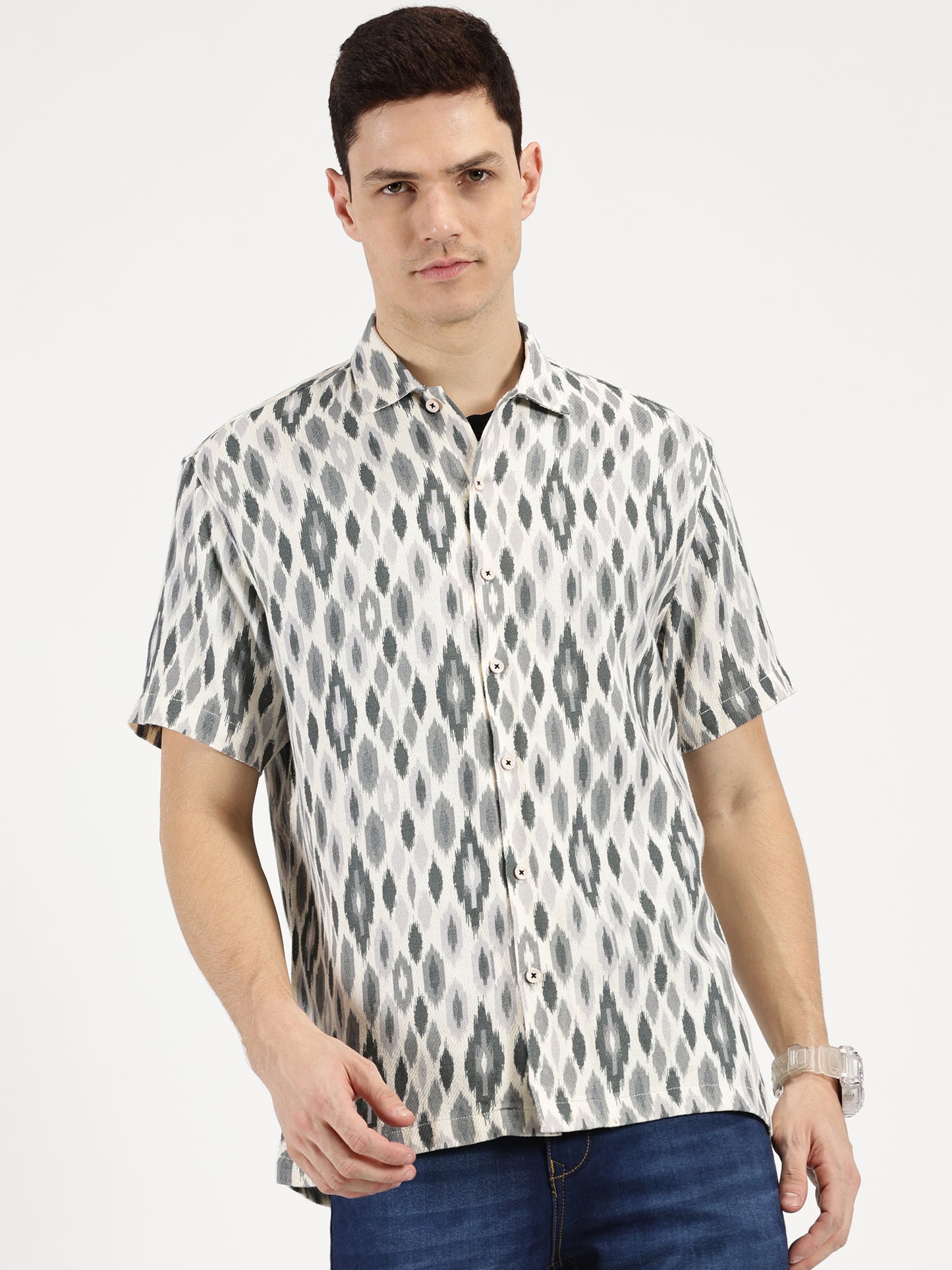 IKAAT PRINTED WHITE GREY CLASSIC COLLAR HALF SLEEVE OVERSIZE SHIRT