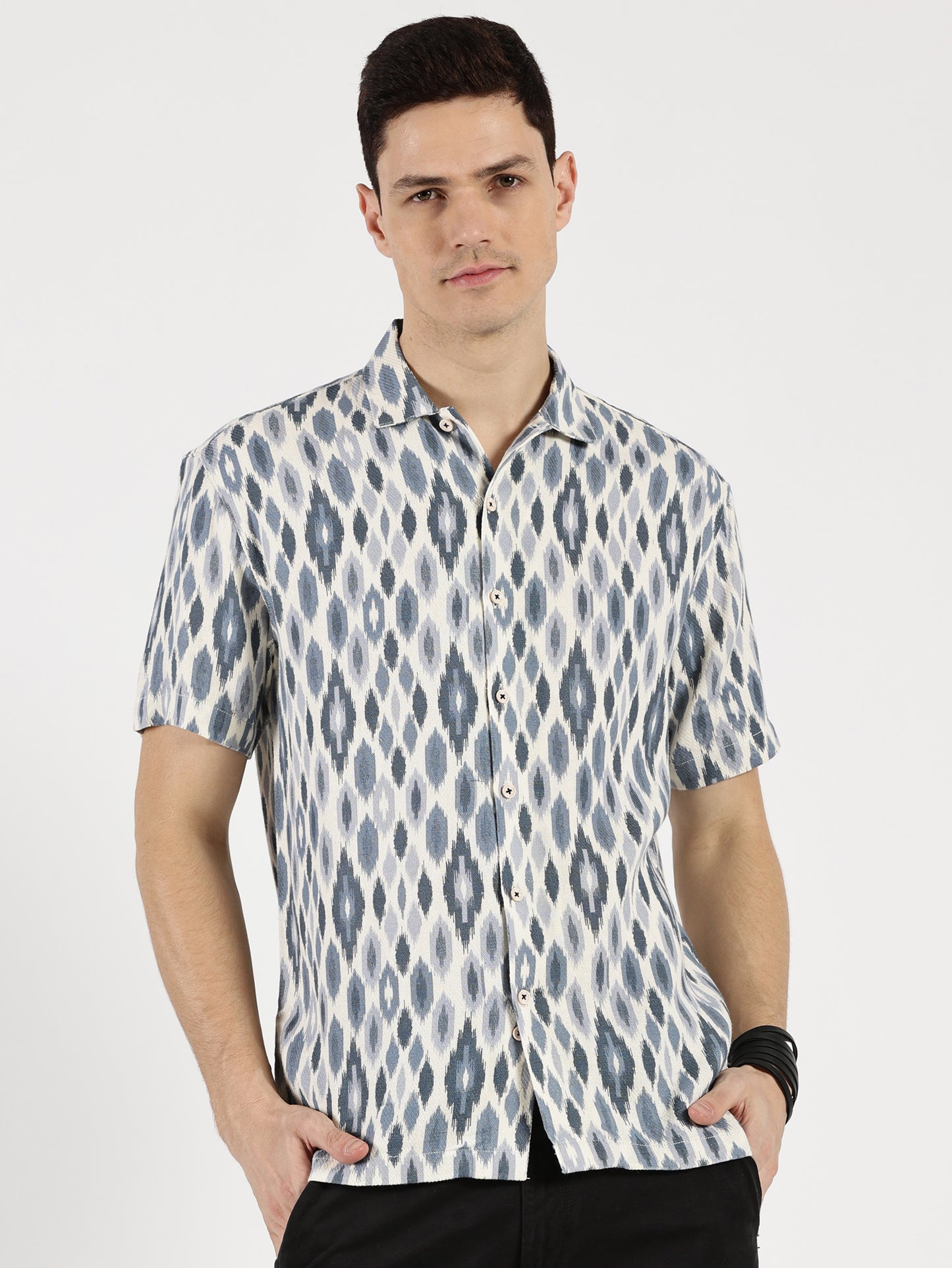 IKAAT PRINTED WHITE BLUE CLASSIC COLLAR HALF SLEEVE OVERSIZE SHIRT