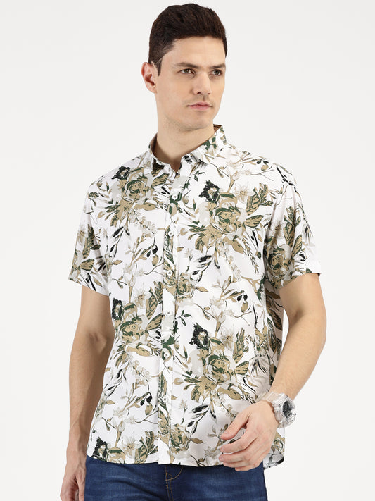 FLORAL PRINTED KHAKI CLASSIC COLLAR HALF SLEEVE SHIRT