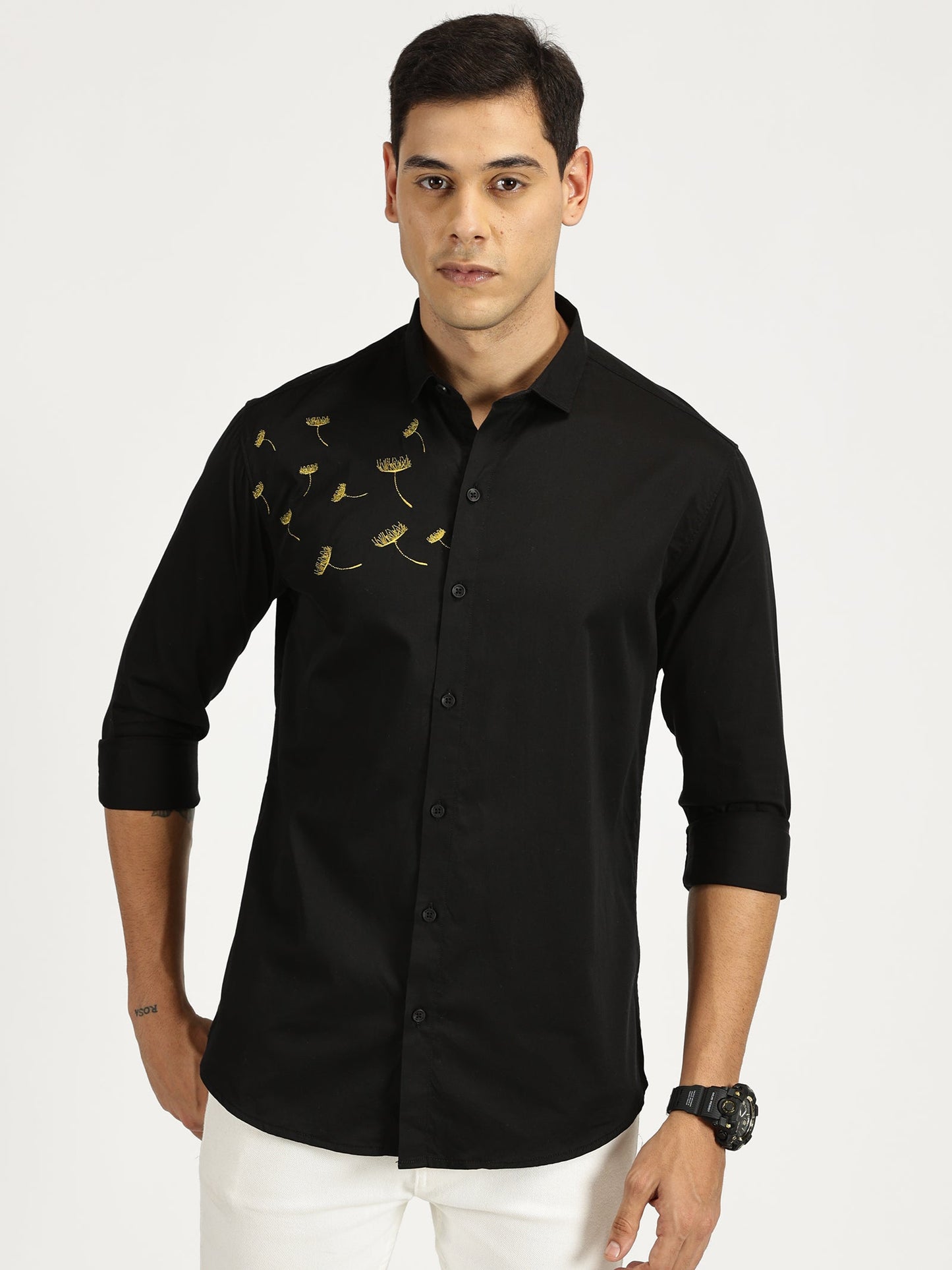 FLOWER EMBROIDERED BLACK CLASSIC COLLAR FULL SLEEVE SHIRT