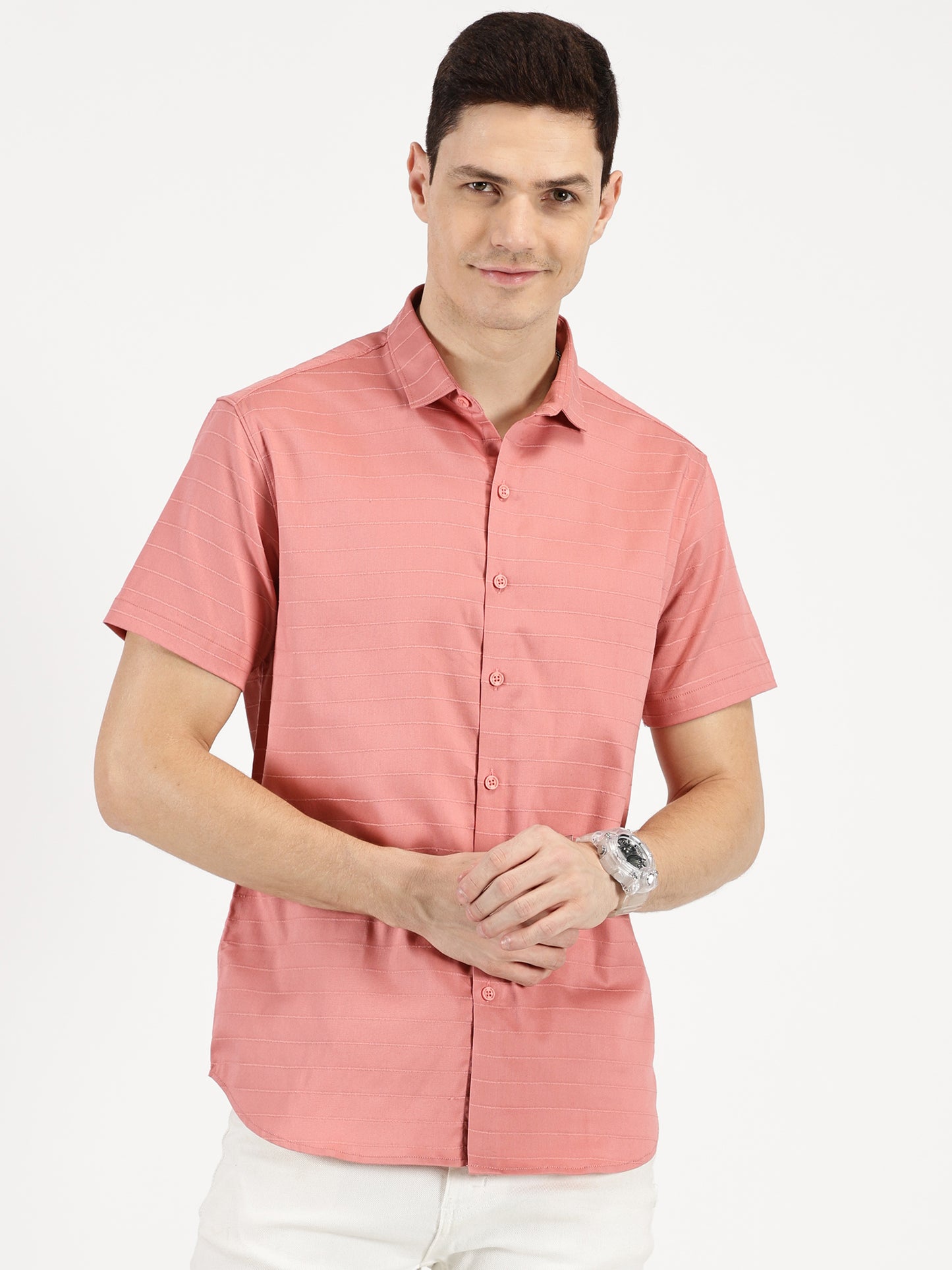 PINK SELF STRIPE CLASSIC COLLAR HALF SLEEVE SHIRT