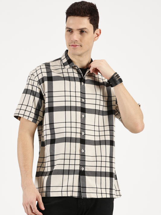 WHITE BLACK CHECKERED CLASSIC COLLAR HALF SLEEVE OVERSIZE SHIRT