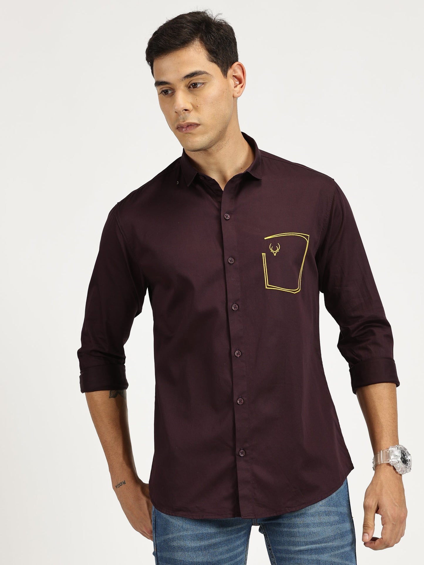 POCKET EMBROIDED PURPLE CLASSIC COLLAR FULL SLEEVE SHIRT