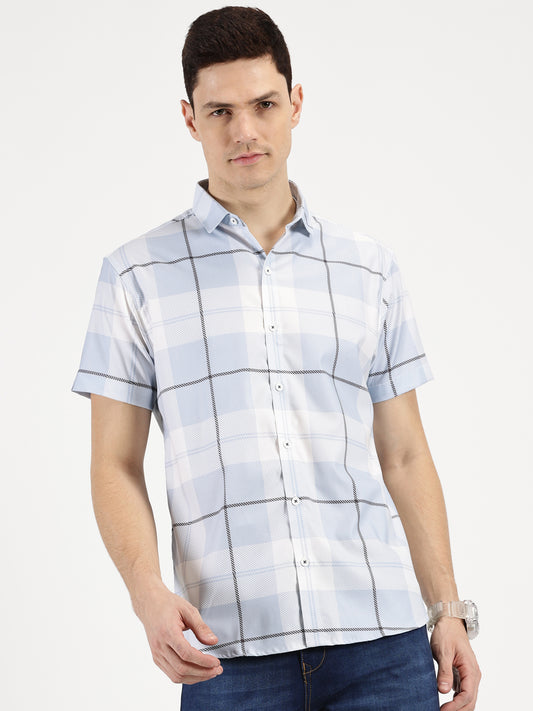 BLUE CHECKERED CLASSIC COLLAR HALF SLEEVE SHIRT