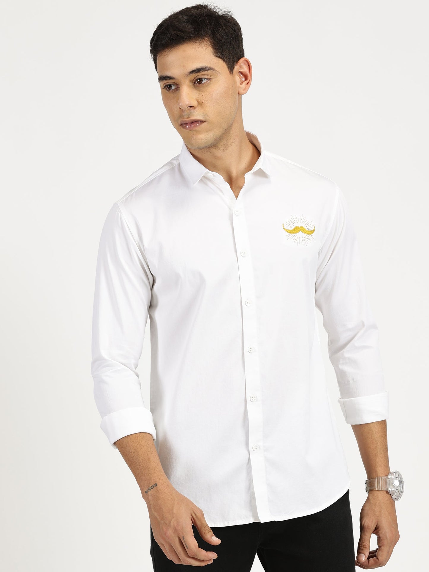 MOUSTACHE EMBROIDERED WHITE CLASSIC COLLAR FULL SLEEVE SHIRT