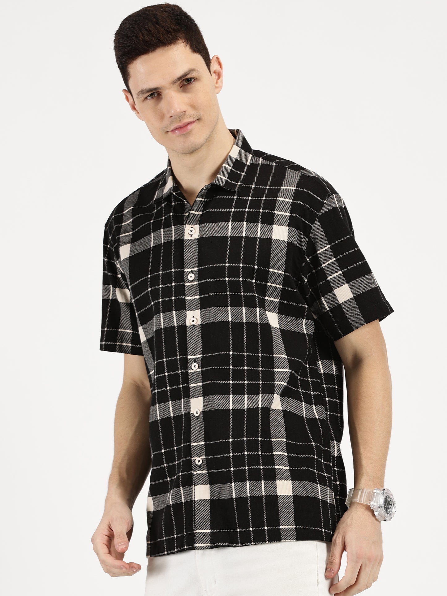 BLACK WHITE CHECKERED CLASSIC COLLAR HALF SLEEVE OVERSIZE SHIRT