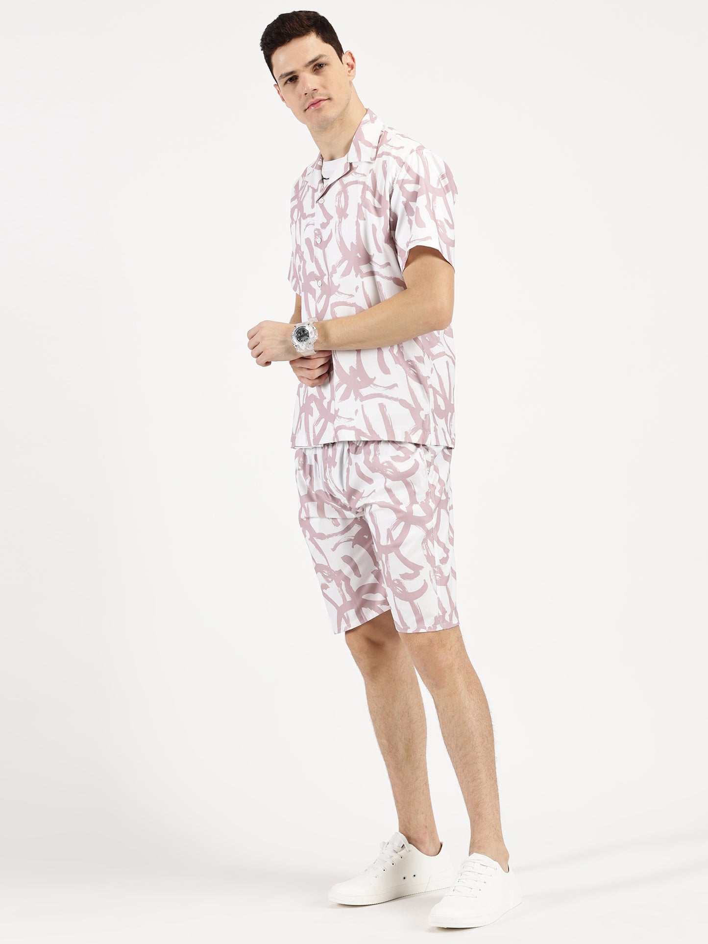 ABSTRACT PRINTED MAUVE-WHITE CO-ORDS SET