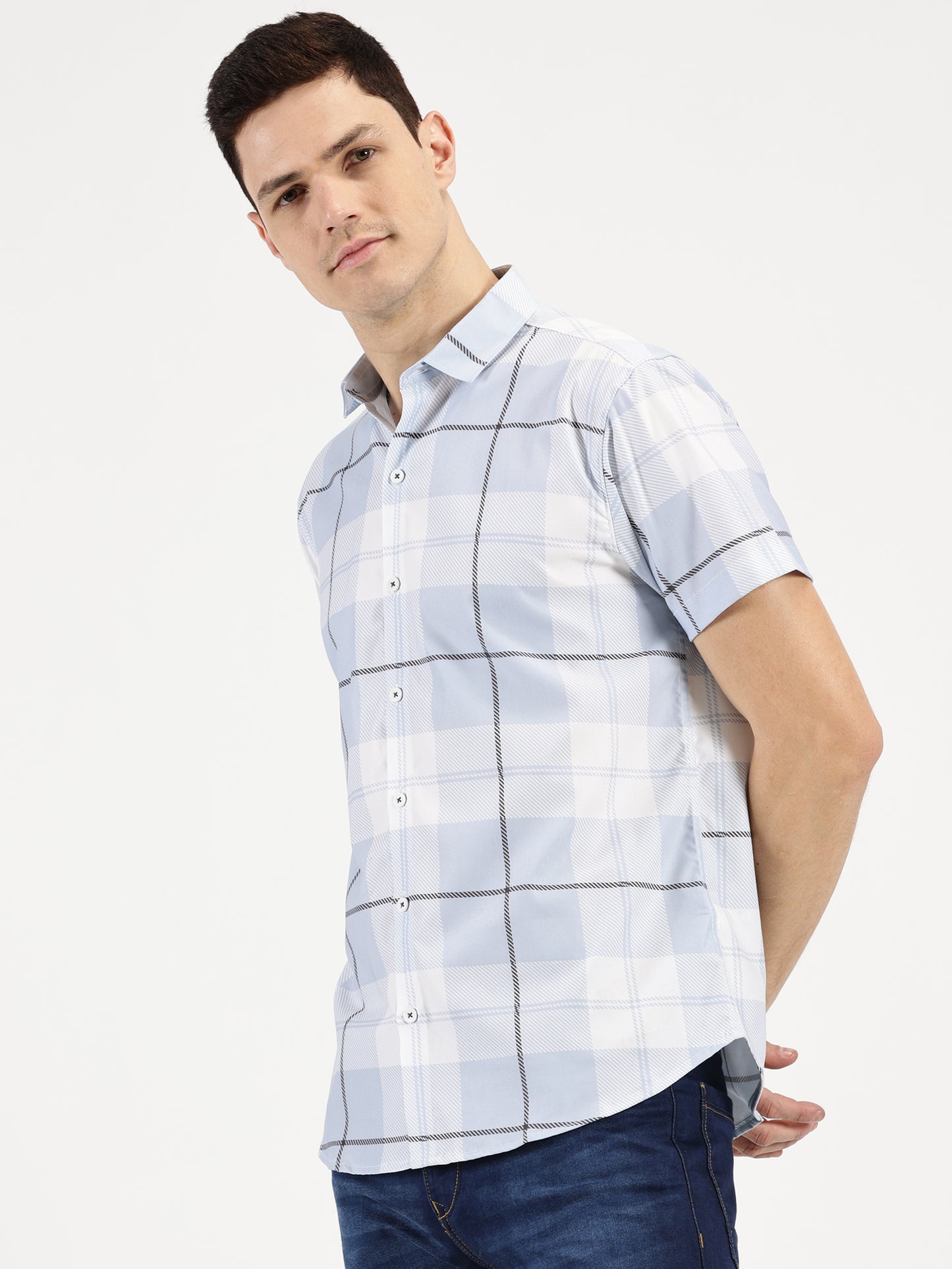 BLUE CHECKERED CLASSIC COLLAR HALF SLEEVE SHIRT