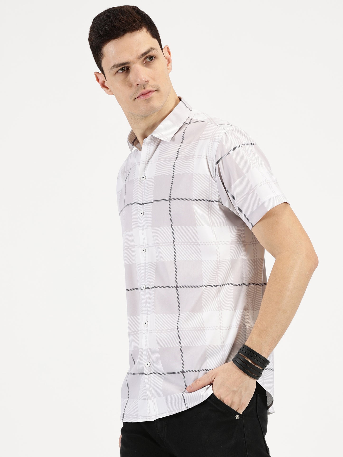 GREY CHECKERED CLASSIC COLLAR HALF SLEEVE SHIRT