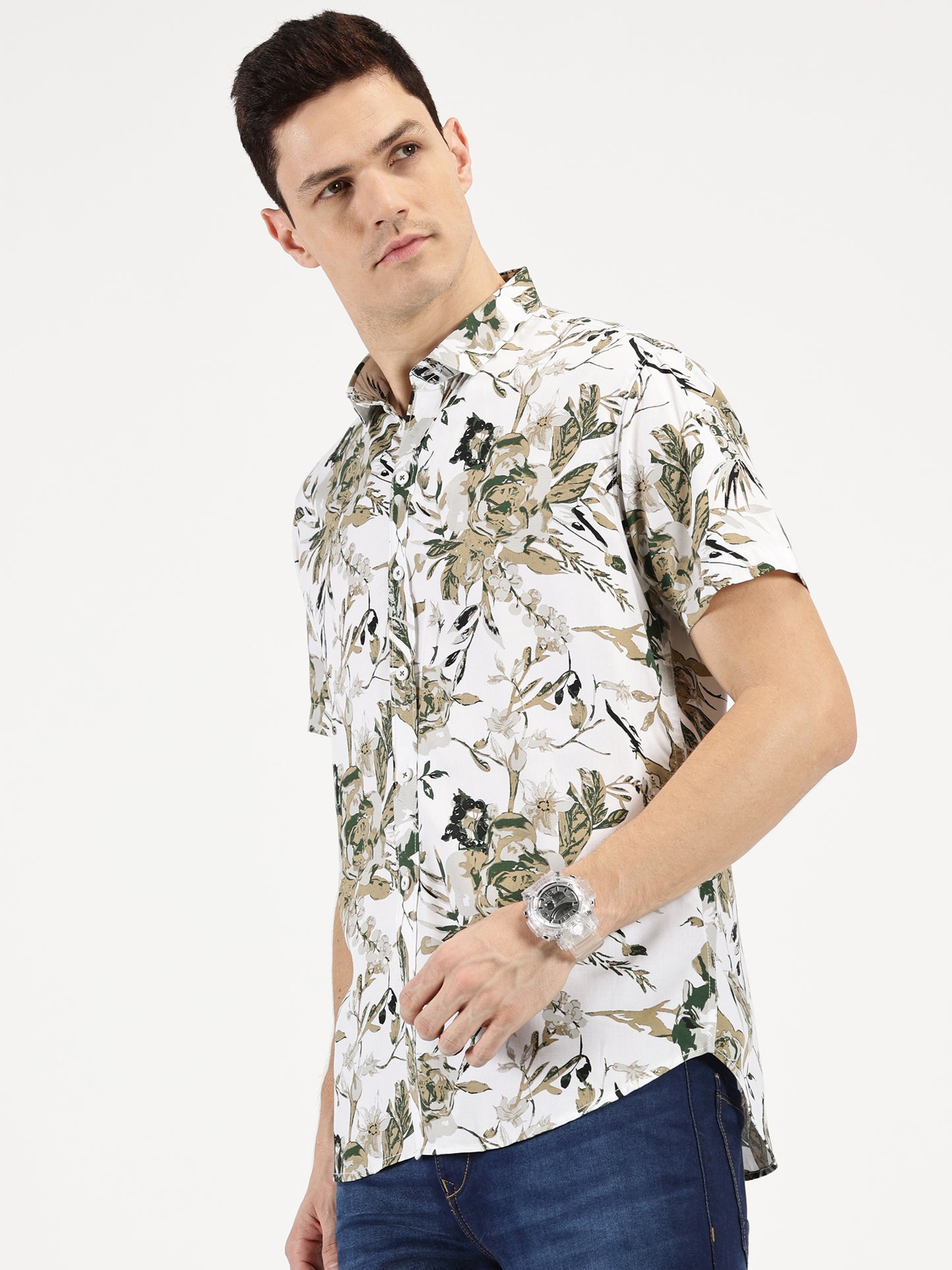 FLORAL PRINTED KHAKI CLASSIC COLLAR HALF SLEEVE SHIRT