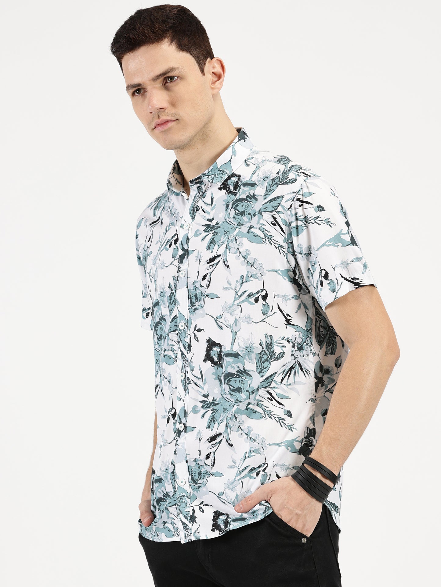 FLORAL PRINTED TEAL GREEN CLASSIC COLLAR HALF SLEEVE SHIRT