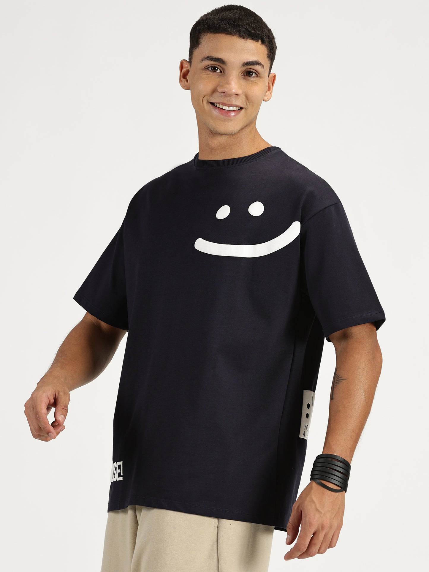 CHOOSE & SMILE PUFF PRINTED DARK BLUE OVERSIZED TSHIRT