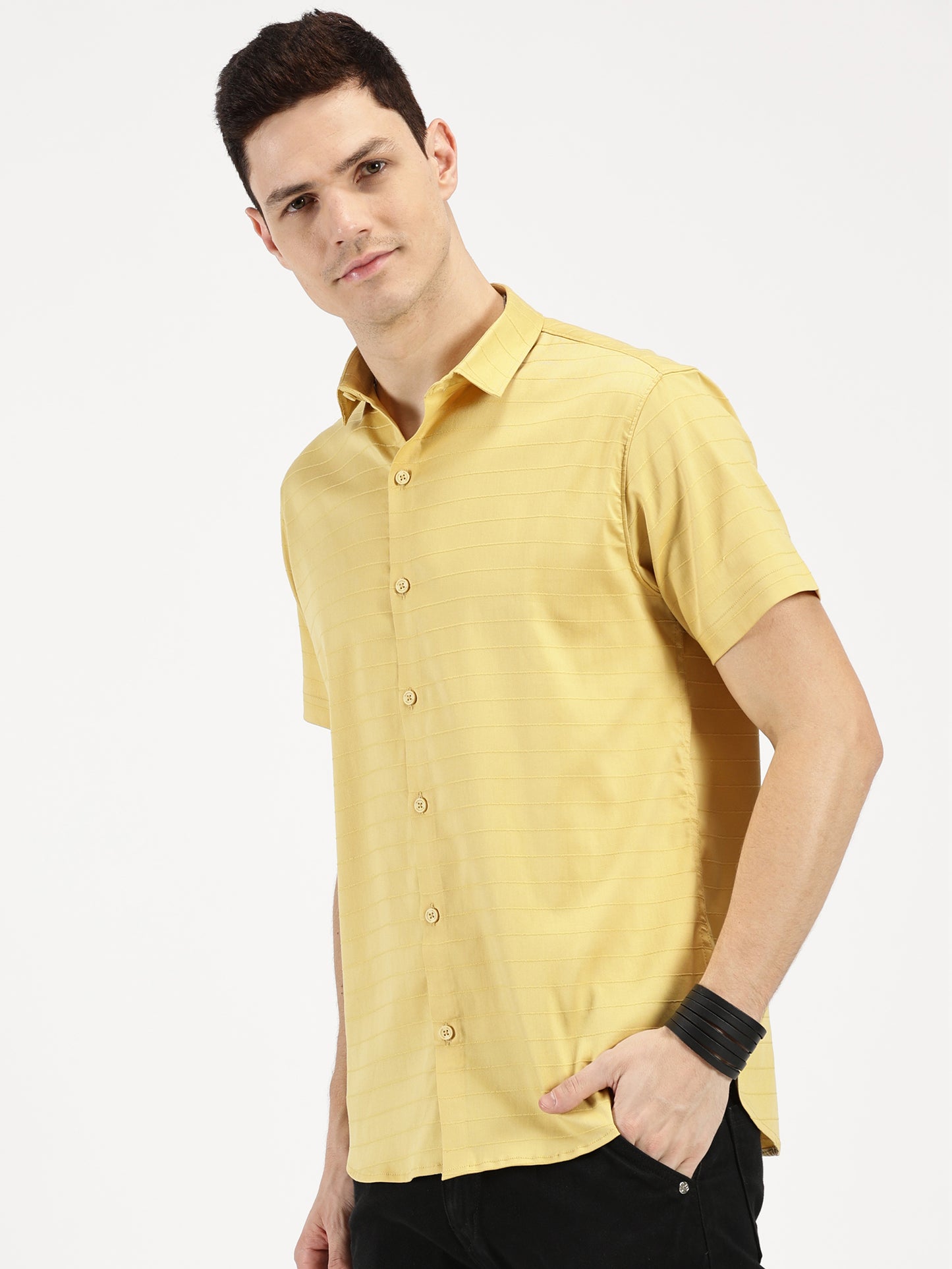 YELLOW SELF STRIPE CLASSIC COLLAR HALF SLEEVE SHIRT