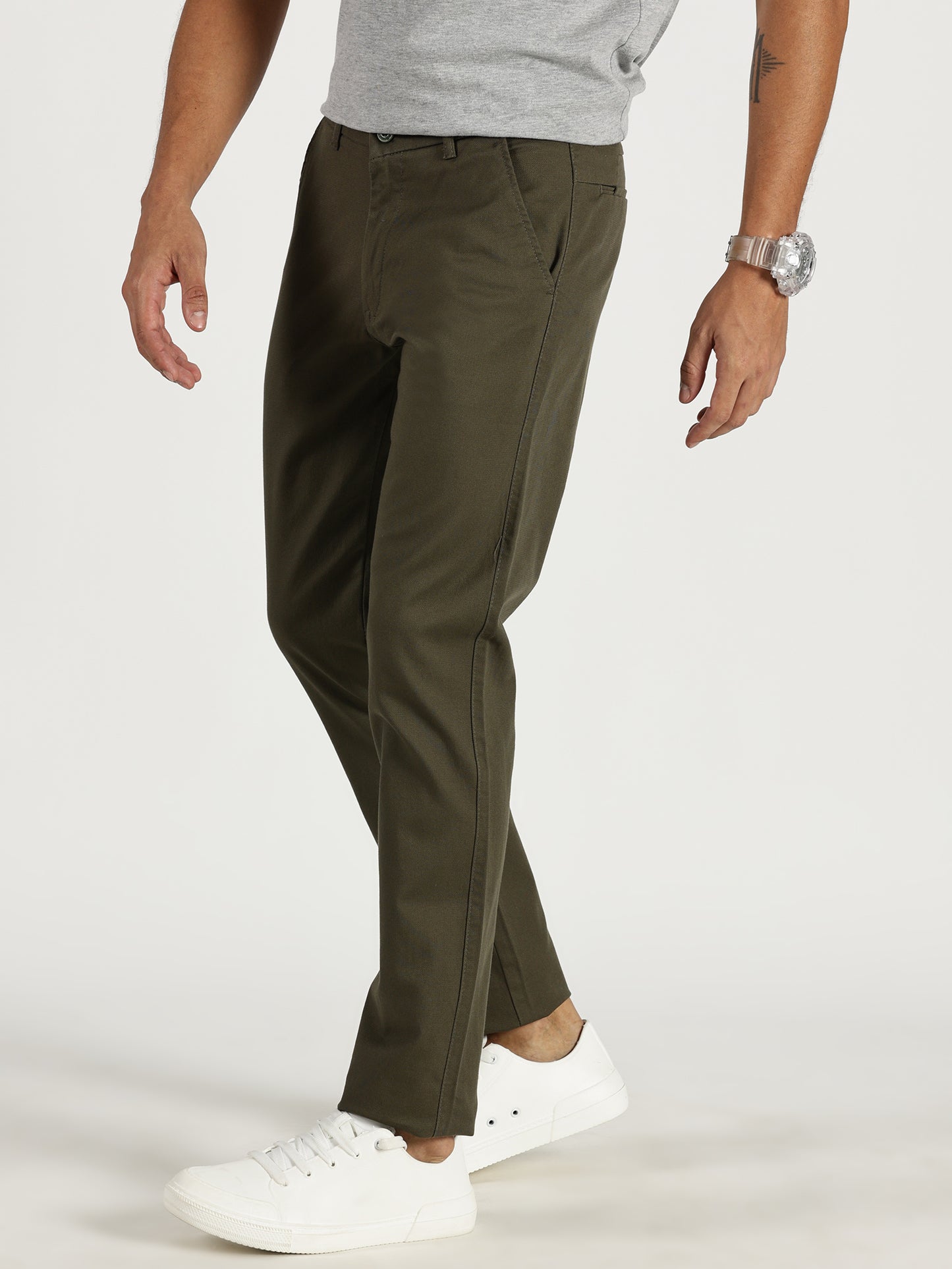 MEN'S OLIVE REGULAR FIT TROUSER WITH CROSS POCKET