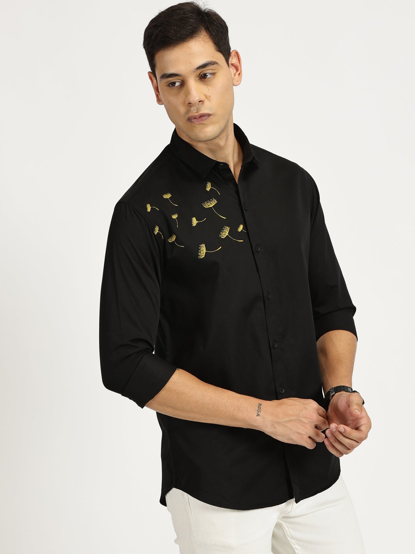 FLOWER EMBROIDERED BLACK CLASSIC COLLAR FULL SLEEVE SHIRT