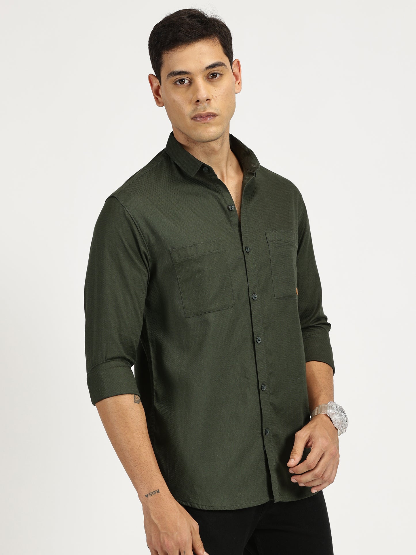 GREEN SOLID CLASSIC COLLAR FULL SLEEVE SHIRT