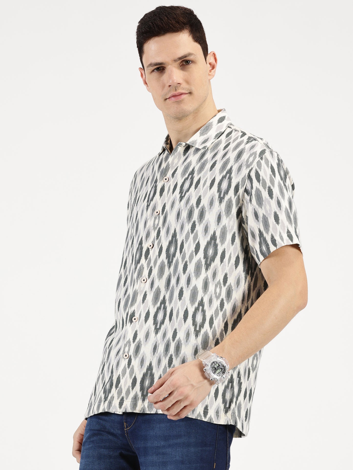 IKAAT PRINTED WHITE GREY CLASSIC COLLAR HALF SLEEVE OVERSIZE SHIRT