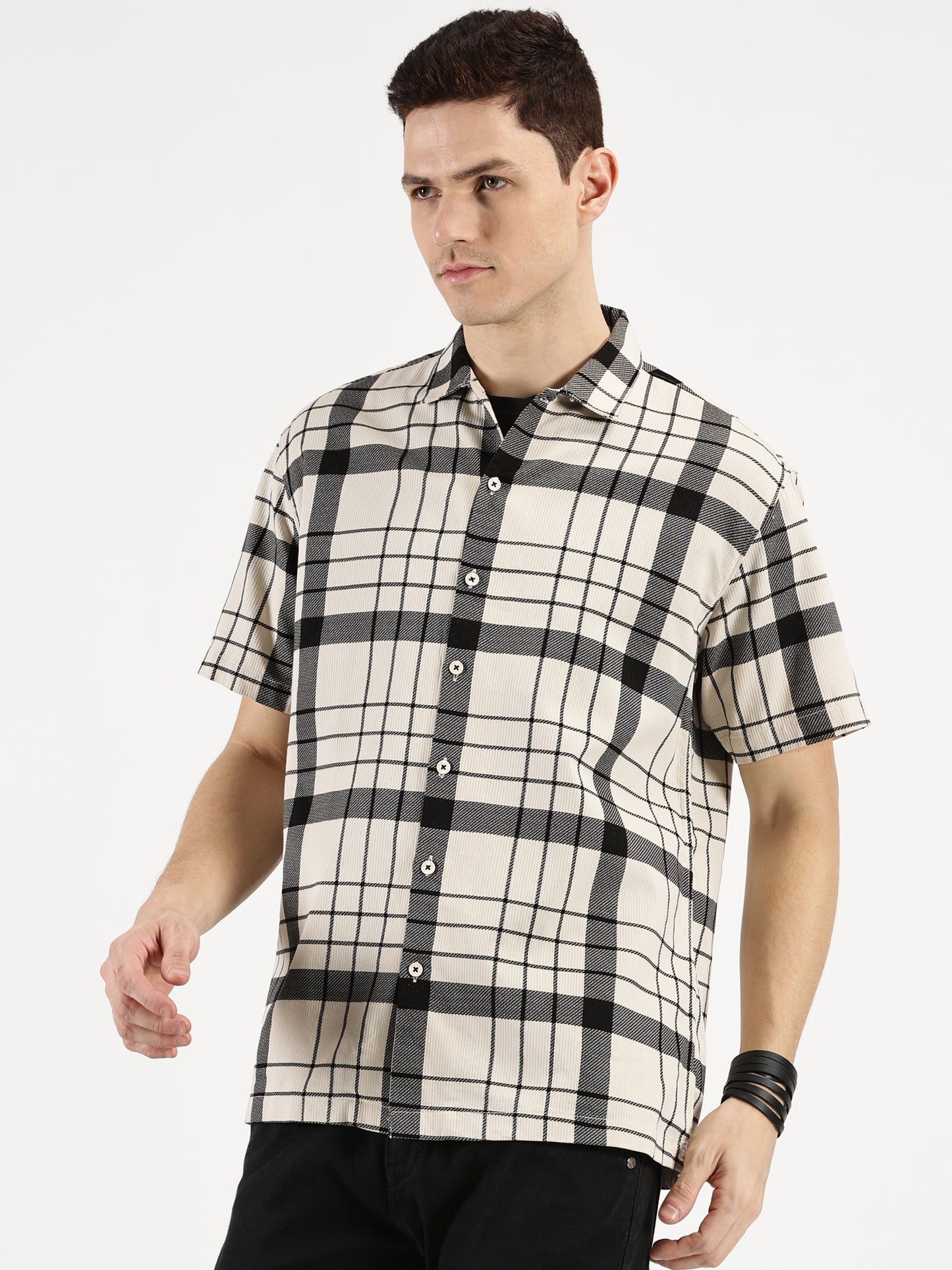 WHITE BLACK CHECKERED CLASSIC COLLAR HALF SLEEVE OVERSIZE SHIRT