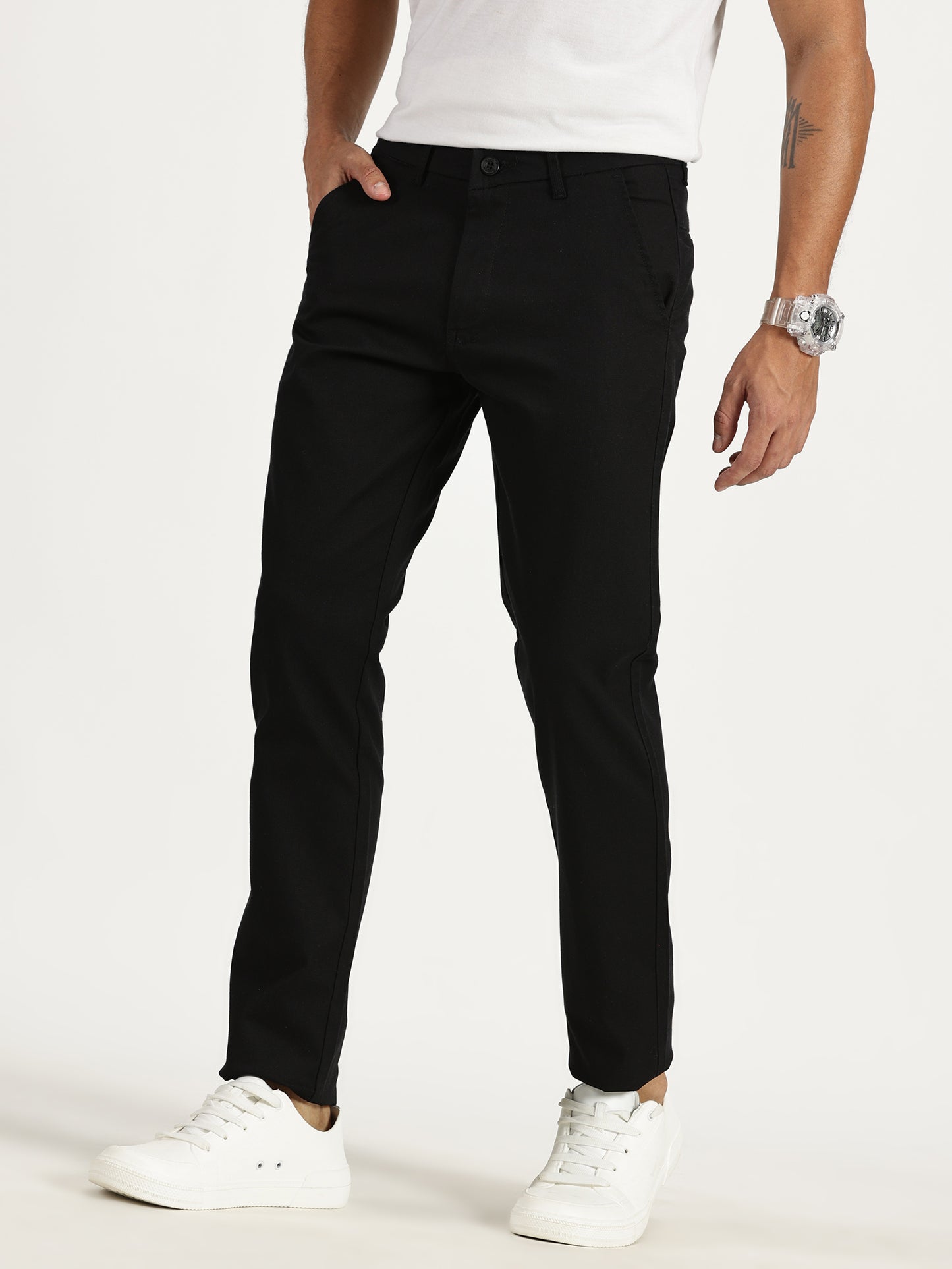 MEN'S BLACK REGULAR FIT TROUSER WITH STRAIGHT POCKET