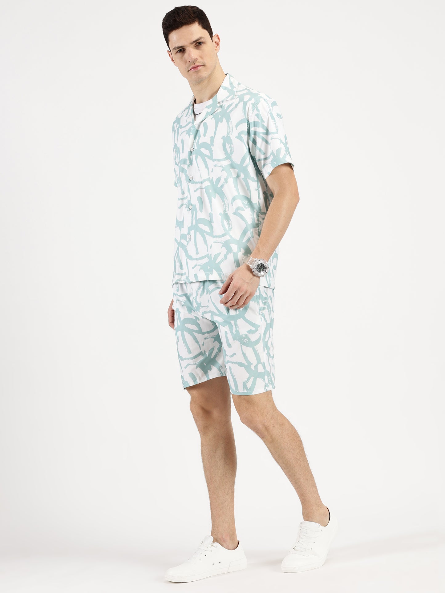 ABSTRACT PRINTED WHITE-GREEN CO-ORDS SET