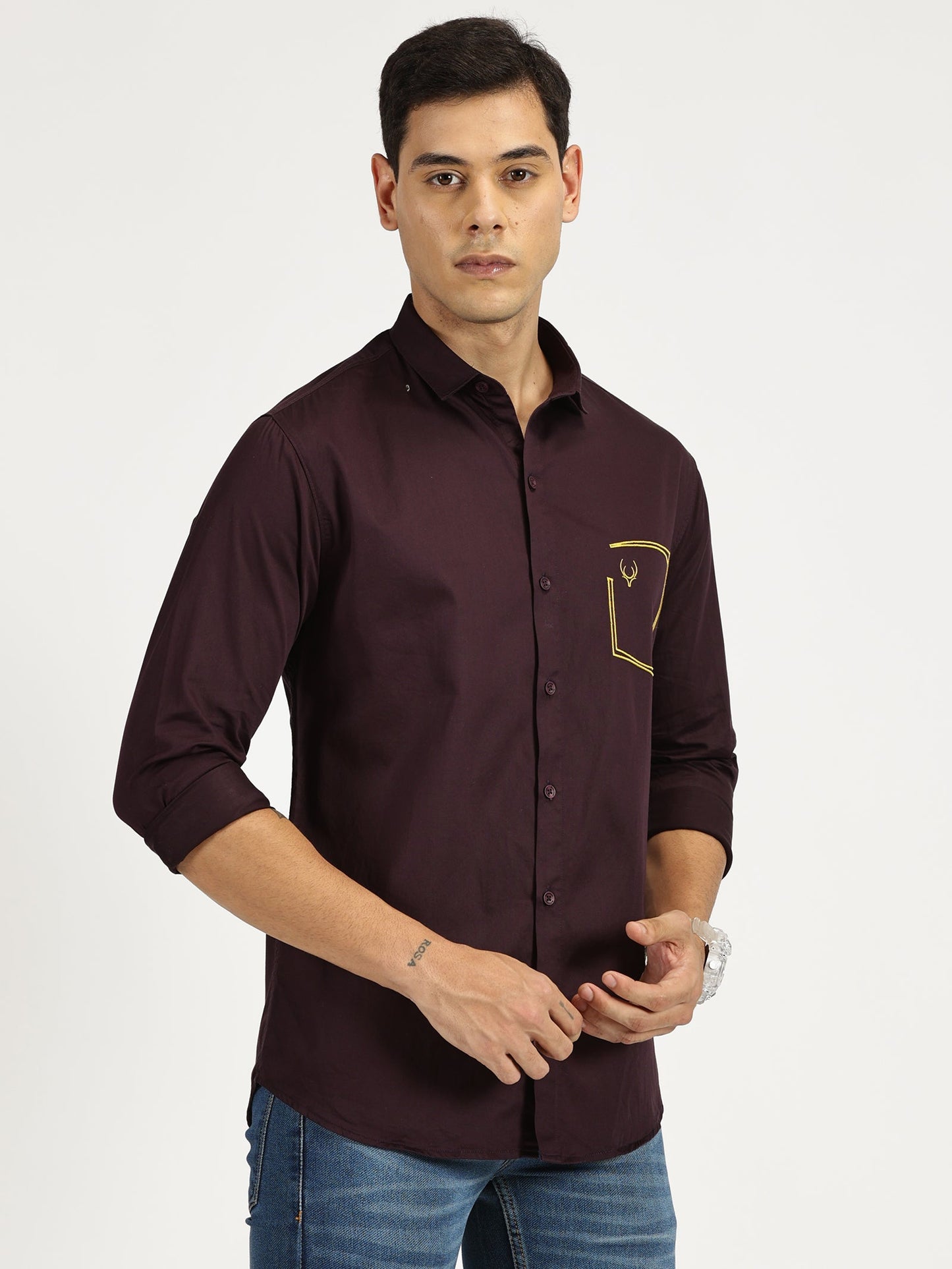 POCKET EMBROIDED PURPLE CLASSIC COLLAR FULL SLEEVE SHIRT