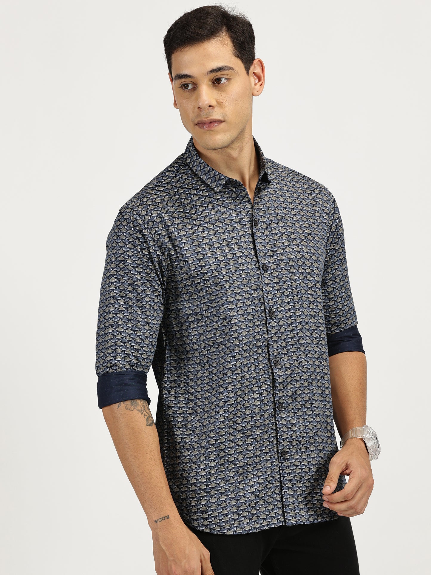 SHELL PRINTED BLUE BLACK CLASSIC COLLAR FULL SLEEVE SHIRT