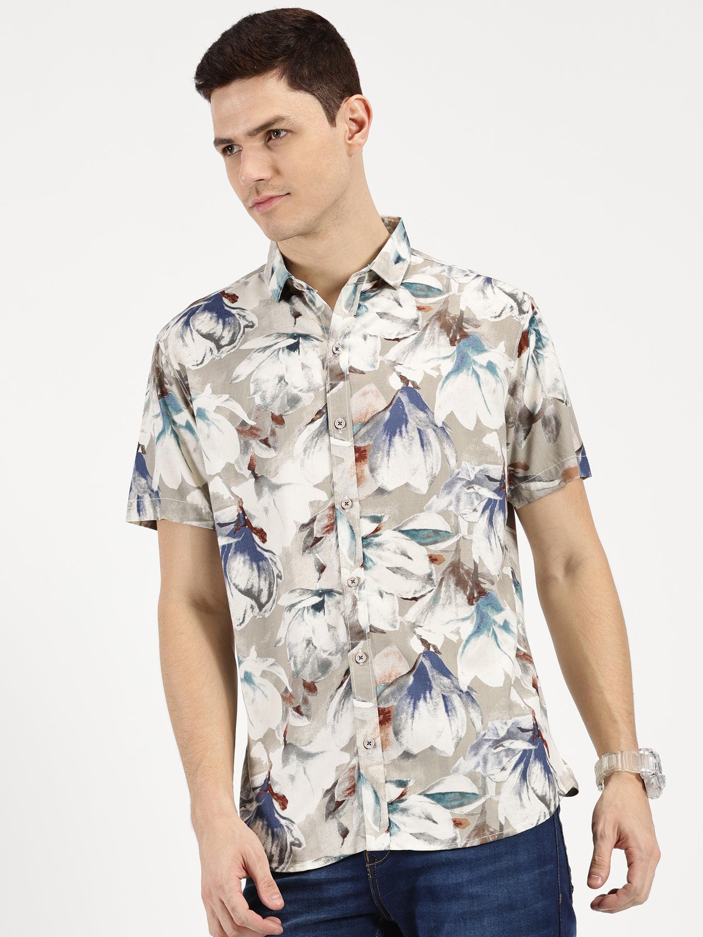 ABSTRACT FLOWER PRINTED CLASSIC COLLAR HALF SLEEVE SHIRT