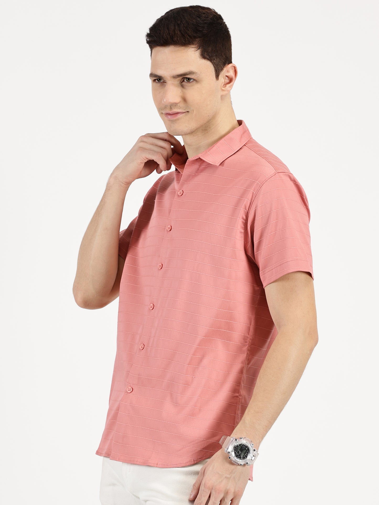 PINK SELF STRIPE CLASSIC COLLAR HALF SLEEVE SHIRT