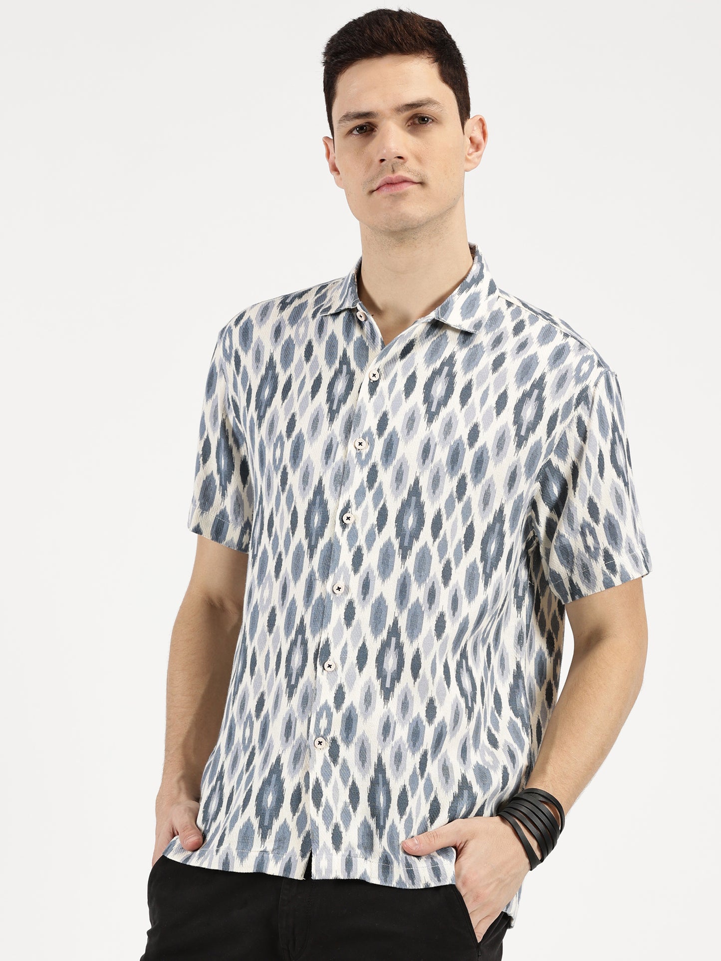 IKAAT PRINTED WHITE BLUE CLASSIC COLLAR HALF SLEEVE OVERSIZE SHIRT