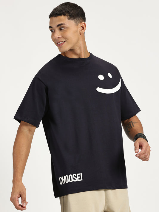 CHOOSE & SMILE PUFF PRINTED DARK BLUE OVERSIZED TSHIRT