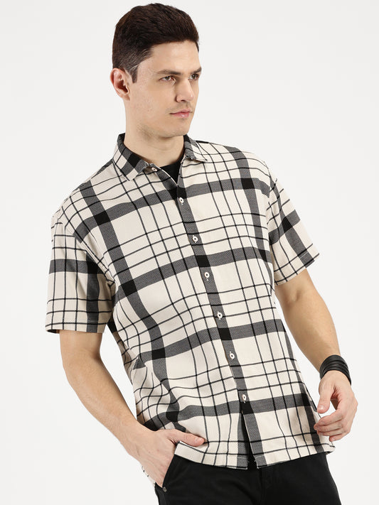 WHITE BLACK CHECKERED CLASSIC COLLAR HALF SLEEVE OVERSIZE SHIRT