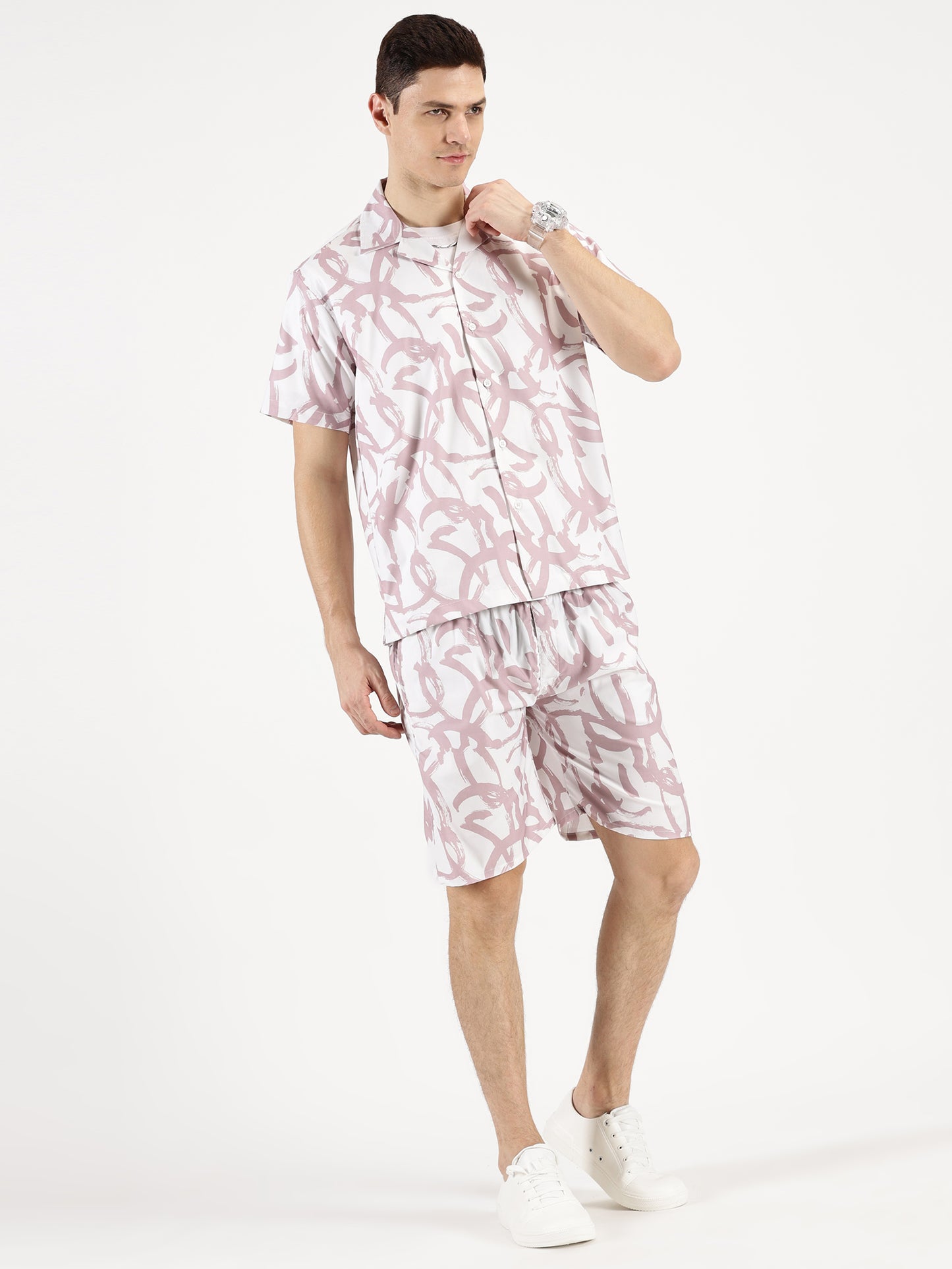 ABSTRACT PRINTED MAUVE-WHITE CO-ORDS SET