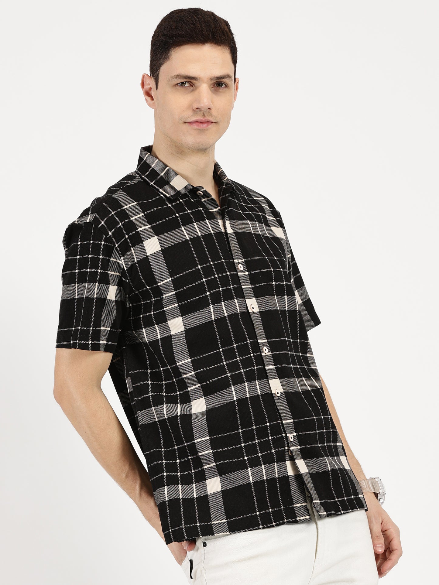 BLACK WHITE CHECKERED CLASSIC COLLAR HALF SLEEVE OVERSIZE SHIRT