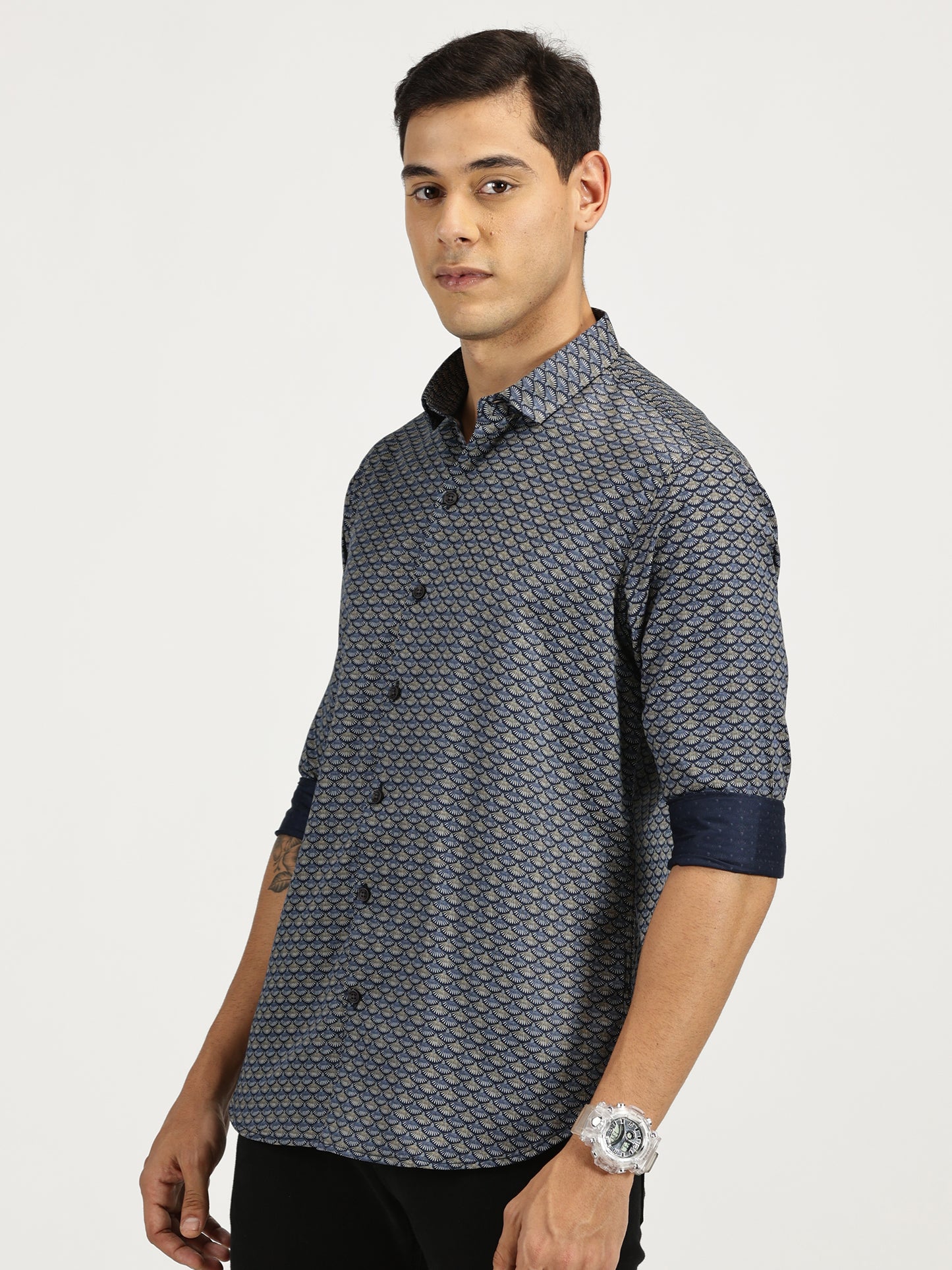 SHELL PRINTED BLUE BLACK CLASSIC COLLAR FULL SLEEVE SHIRT