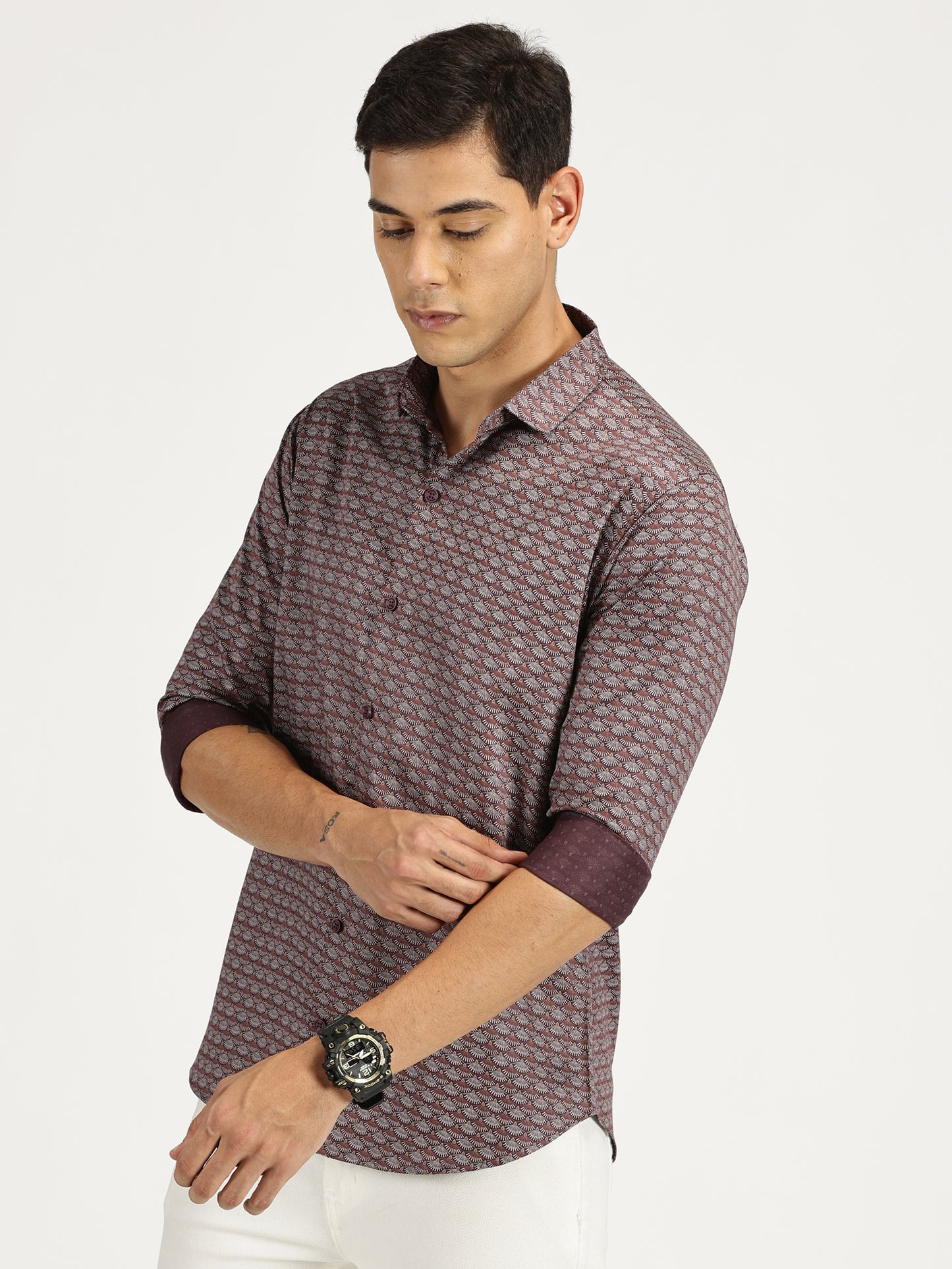 SHELL PRINTED BROWN CLASSIC COLLAR FULL SLEEVE SHIRT