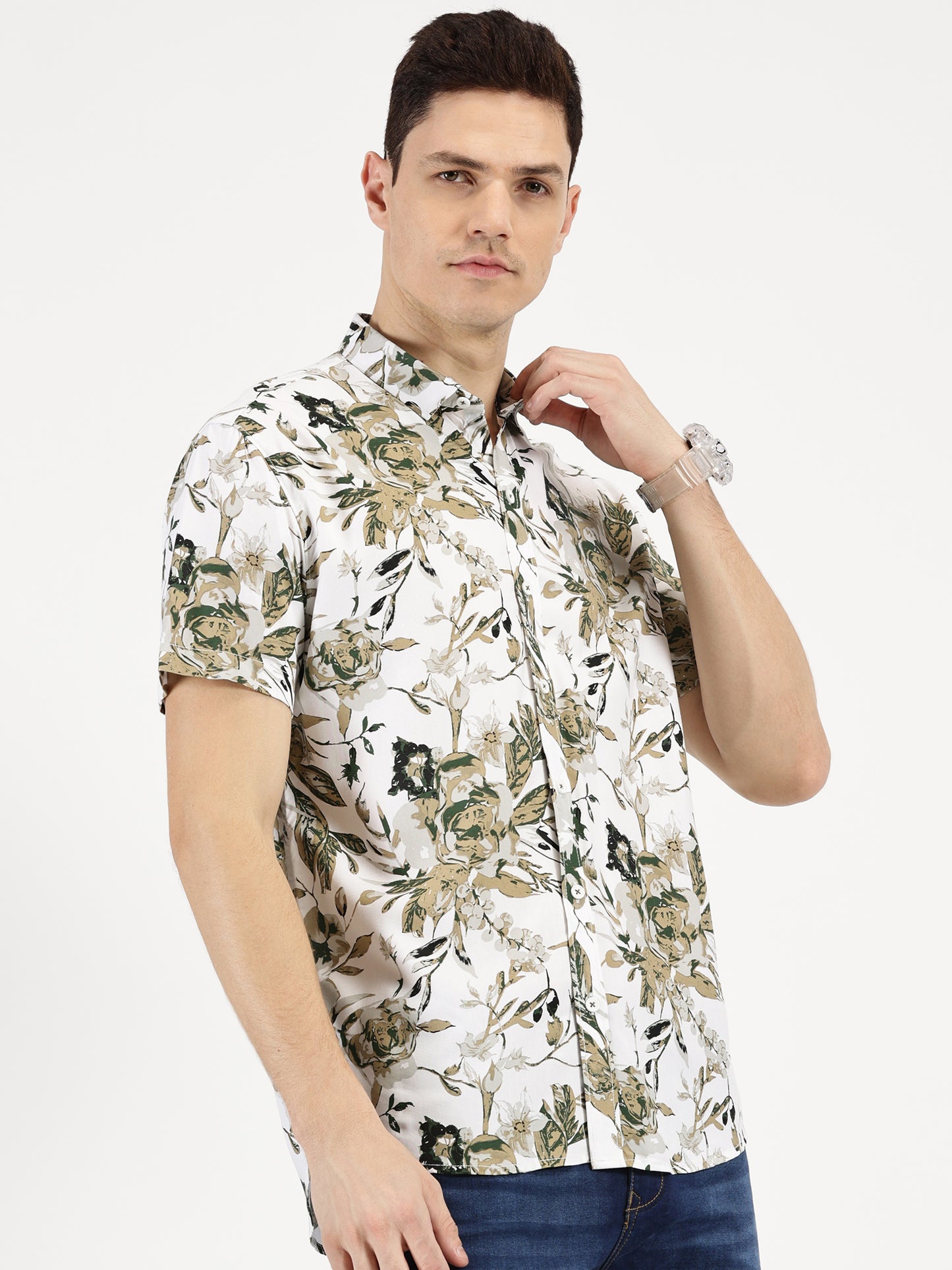 FLORAL PRINTED KHAKI CLASSIC COLLAR HALF SLEEVE SHIRT