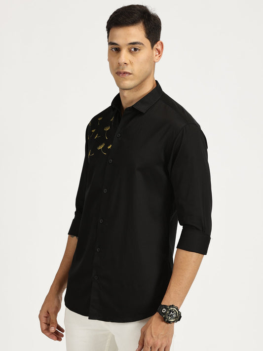 FLOWER EMBROIDERED BLACK CLASSIC COLLAR FULL SLEEVE SHIRT