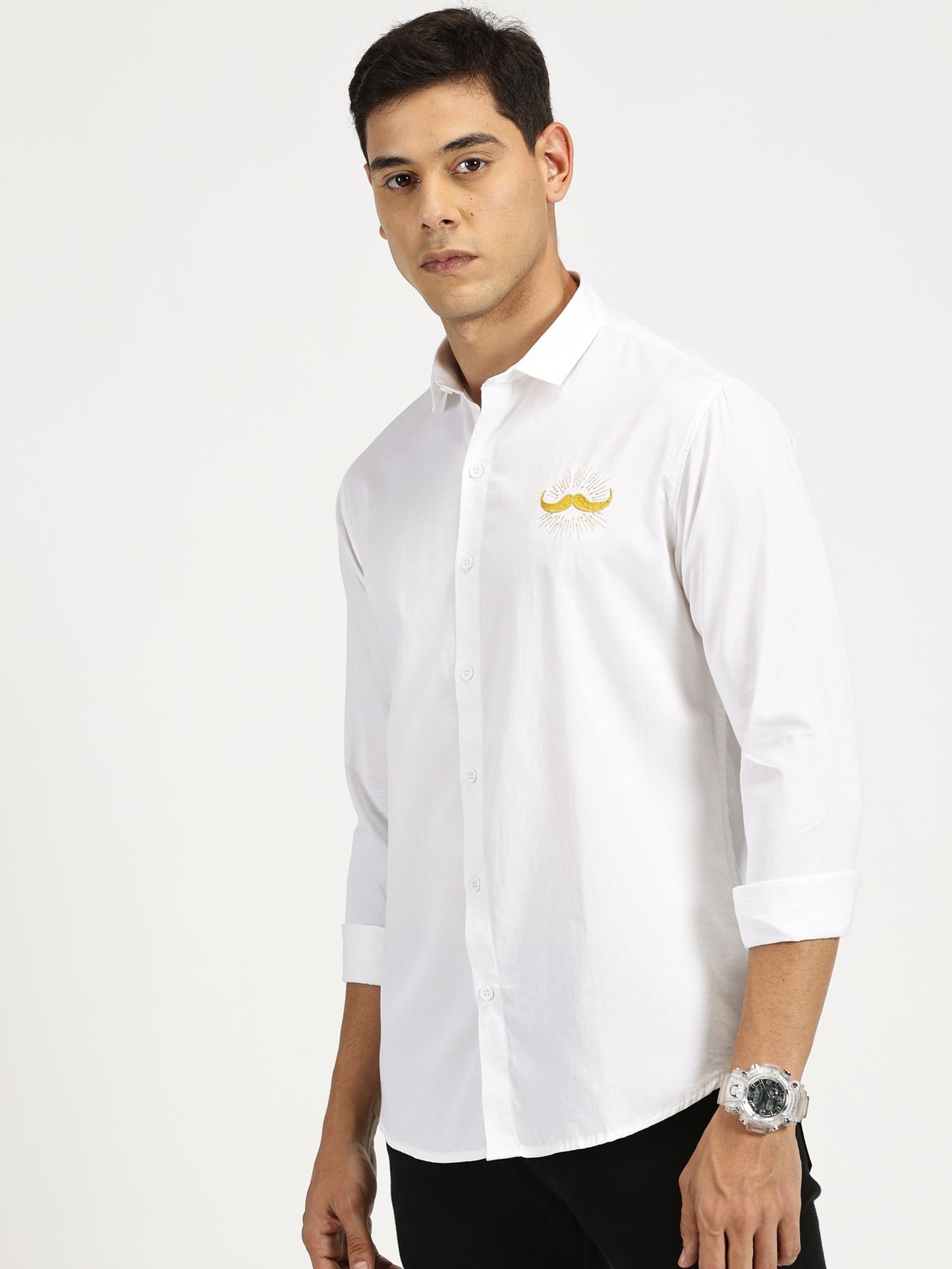 MOUSTACHE EMBROIDERED WHITE CLASSIC COLLAR FULL SLEEVE SHIRT