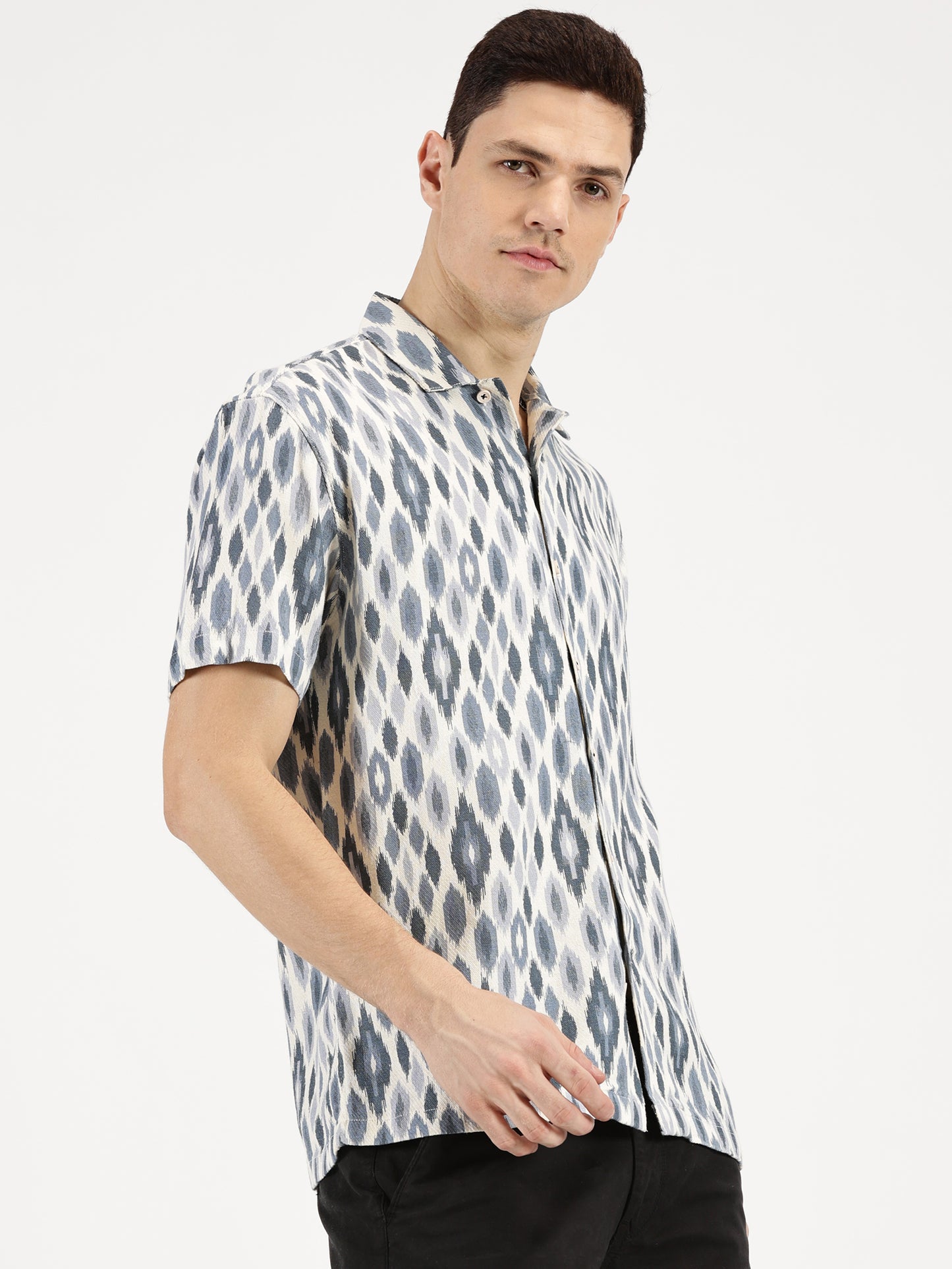 IKAAT PRINTED WHITE BLUE CLASSIC COLLAR HALF SLEEVE OVERSIZE SHIRT