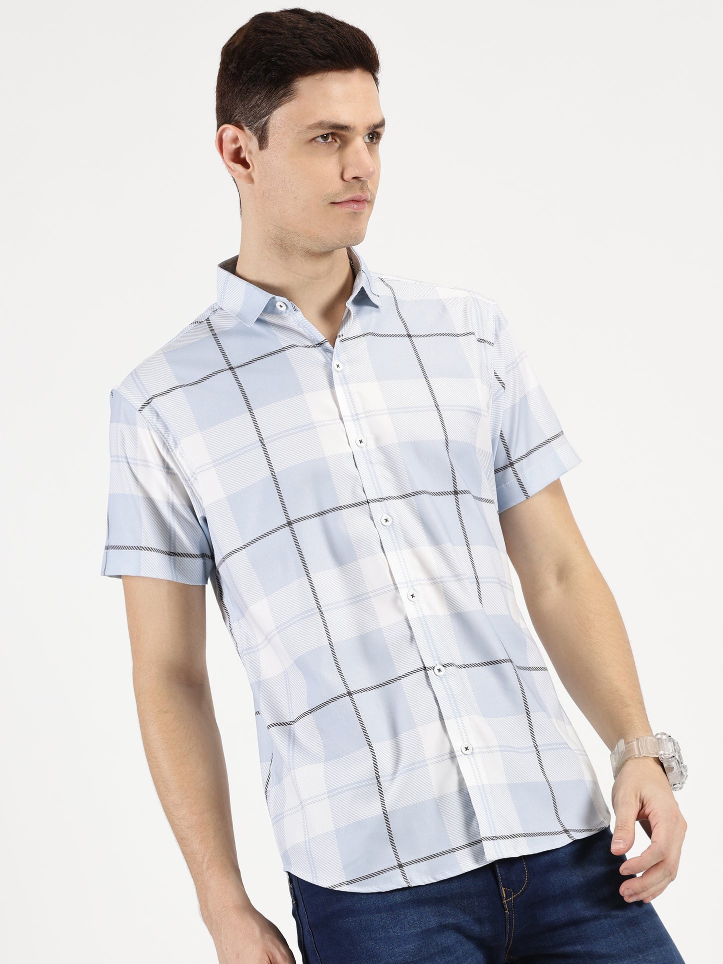 BLUE CHECKERED CLASSIC COLLAR HALF SLEEVE SHIRT