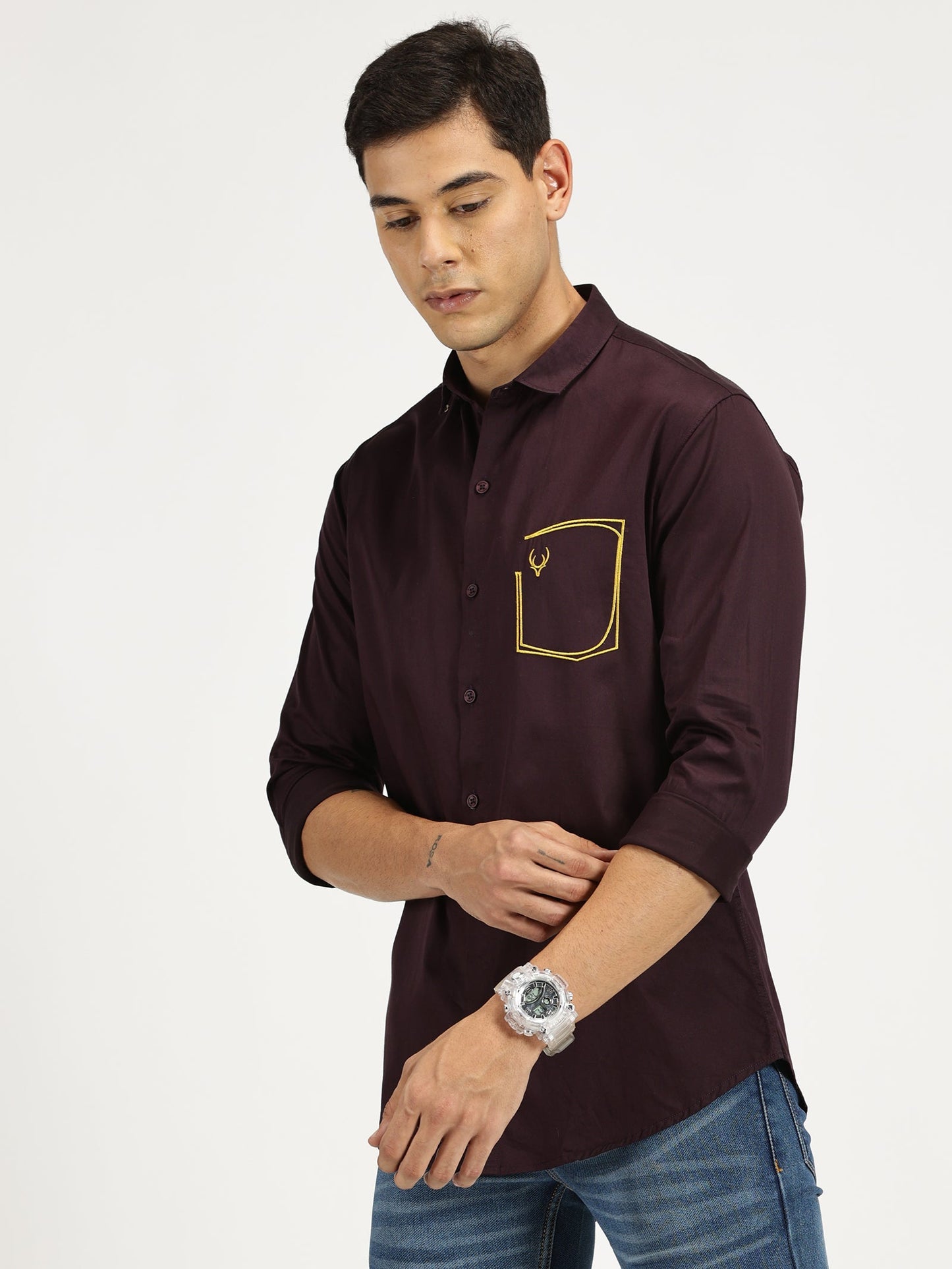 POCKET EMBROIDED PURPLE CLASSIC COLLAR FULL SLEEVE SHIRT