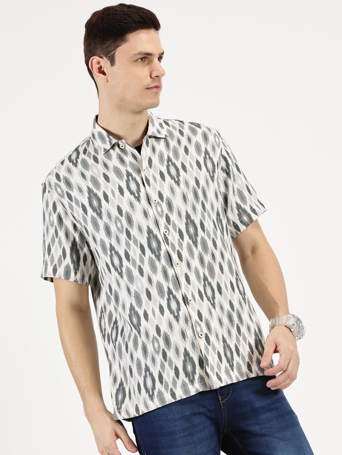 IKAAT PRINTED WHITE GREY CLASSIC COLLAR HALF SLEEVE OVERSIZE SHIRT